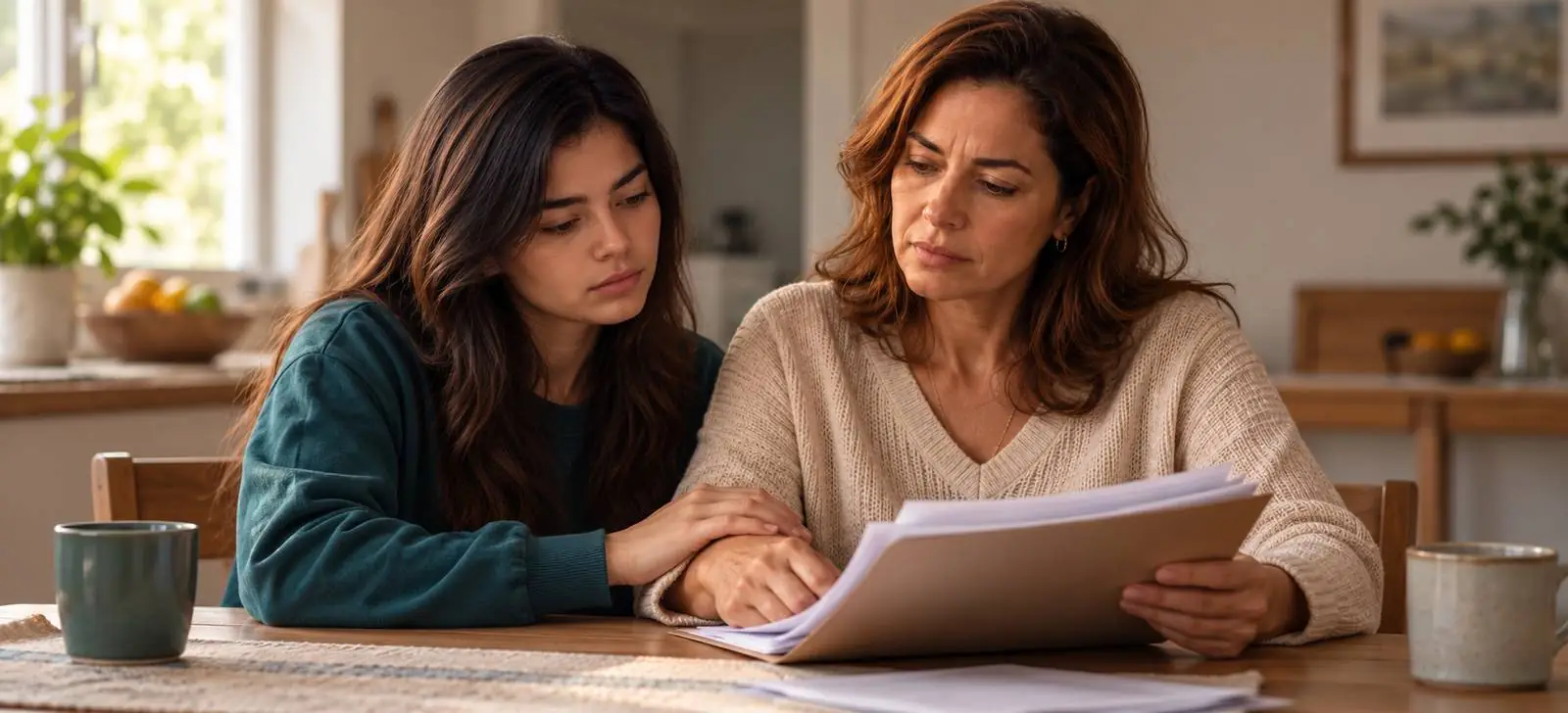 Mãe e filha revisando documentos à mesa da cozinha